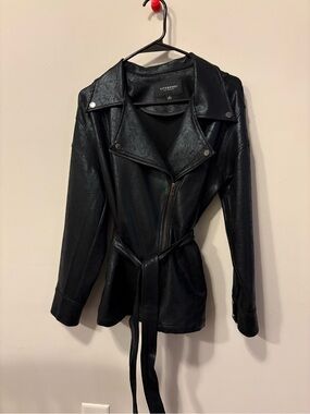 Liverpool Black Faux Leather Belted Moto Jacket with Snap Lapels